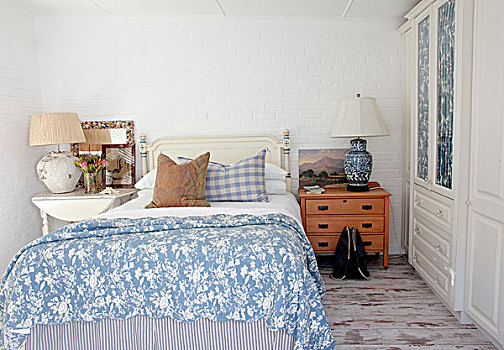 乡村,蓝色,白色,卧室,折衷,家具
