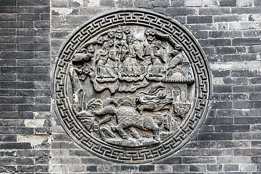 中国山西省平遥古城晋商马家大院砖雕照壁