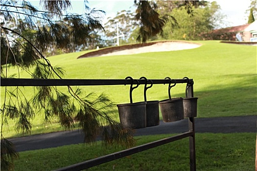 高尔夫,沙子,桶,悬挂,栏杆,场地,绿色,背景