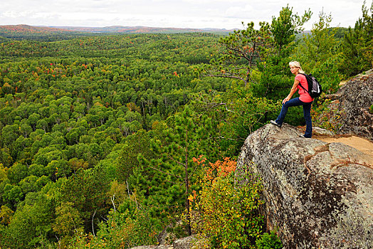 女性,远足,站立,石头,远眺,树林,阿尔冈金省立公园,安大略省,省,加拿大,北美