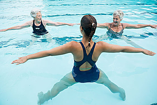 女性,训练,老年,女人,练习,游泳池,微笑
