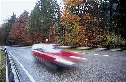 红色,汽车,乡间小路,动感,湿,雨,秋天,意外,危险