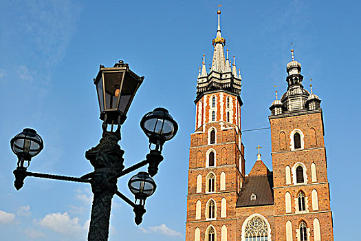 街道,灯笼,塔,大教堂,14世纪,世纪,哥特式,砖,教堂,市场,克拉科夫,克拉科,波兰,欧洲