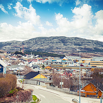 挪威,城镇,彩色,木屋,岩石,山,鲜明,阴天