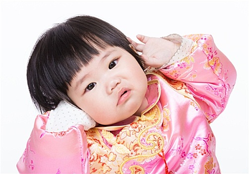 女婴,传统,中国人,衣服,有趣,姿势