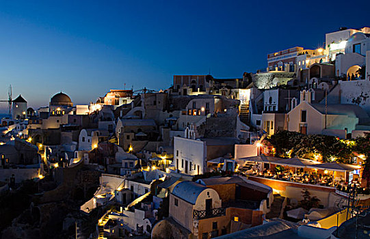 希腊,锡拉岛,白色,建筑,陡峭,山,日落
