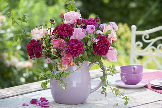 粉色,玫瑰,花束,紫色,陶瓷,罐