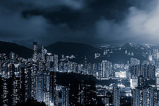 全景,天际线,城市,香港,夜晚