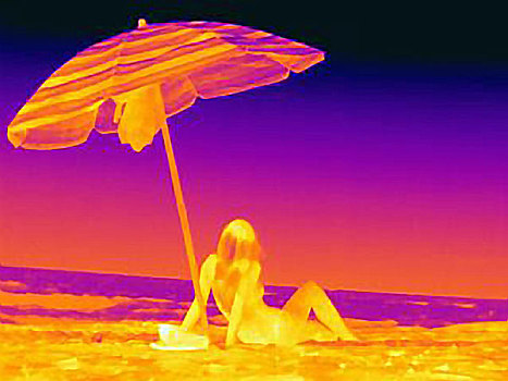 热成像,后视图,美女,坐,海滩,下面,伞