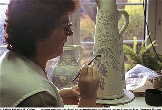 女人,描绘,传统,罐,工艺,石制品,陶器,德国,欧洲
