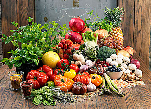 构图,蔬菜,药草,谷物,水果