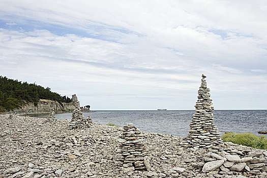 石头,堆放,游客,海滩,背景,哥特兰岛,瑞典