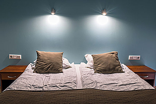 床,两个,褐色,枕头,照亮,灯