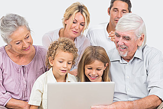 喜悦,家庭,看,笔记本电脑,显示屏,一起,微笑