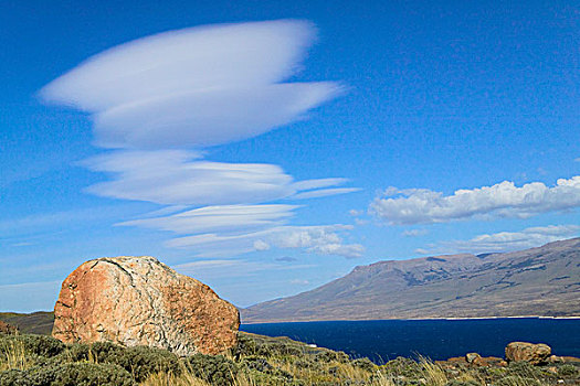 蓝天,上方,草地,拉哥裴赫湖,托雷德裴恩国家公园,巴塔哥尼亚,智利