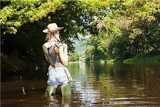 女人,钓鱼,河,捷克共和国