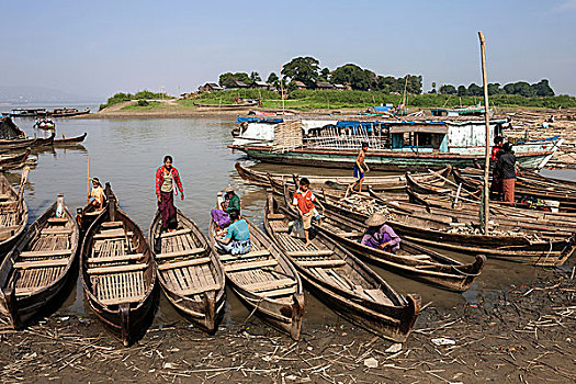 许多,木质,船,码头,河,伊洛瓦底江,曼德勒,分开,缅甸,亚洲