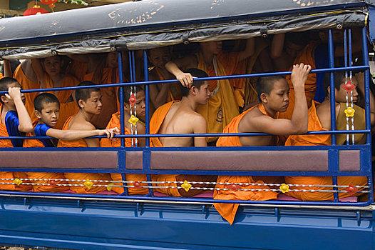 老挝,万象,街景,新信徒,僧侣,背影,卡车