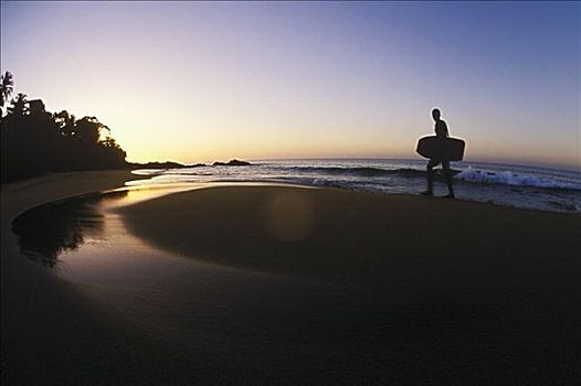 剪影,一个人,冲浪板,海滩,加勒比海