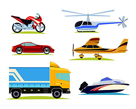 收集,不同,运输,卡通,风格,摩托车,汽车,卡车,直升飞机,靠近,飞机,摩托艇,销售,速度,种类,交通工具,设计