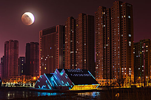 月全食,红月亮,美艳城市