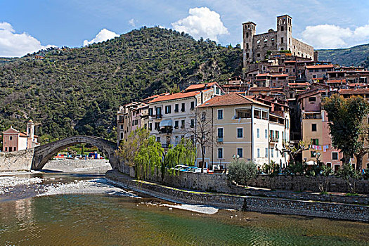 中世纪,乡村,城堡,石头,桥,上方,河,因佩里亚,省,里维埃拉,利古里亚,意大利,地中海,欧洲