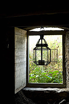 灯笼,打开,窗户,楣,木质,百叶窗,室内,景色,花园