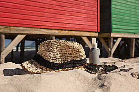 特写,太阳帽,墨镜,沙滩,小屋,海滩