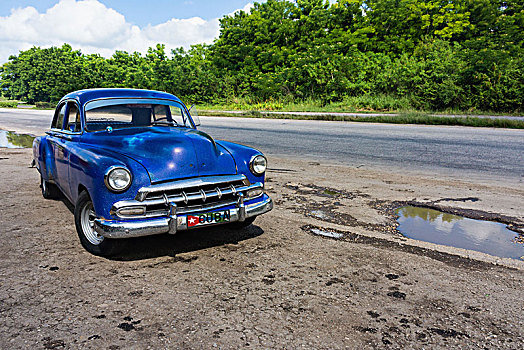 古巴,高速公路,道路,损坏,老爷车,雪佛兰