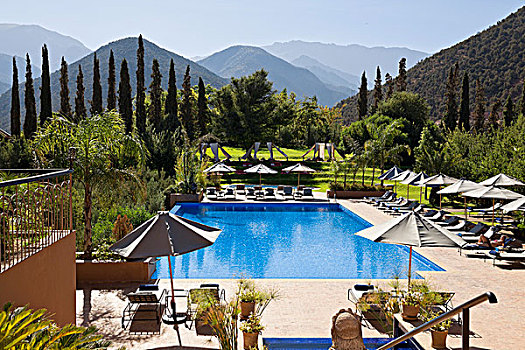 酒店,复杂,水池,靠近,风景,阿特拉斯山脉,马拉喀什,摩洛哥