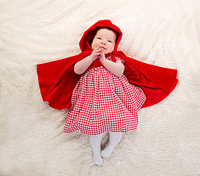 婴儿,小红色帽衫,白色背景,毛皮,卧,斗篷