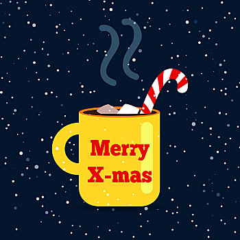 圣诞快乐,黄色,杯子,把手,条纹,弯曲,吸管,热饮,室内,蒸汽,片,糖,插画,隔绝,茶杯,红色,铭刻,风格,卡通,设计,矢量
