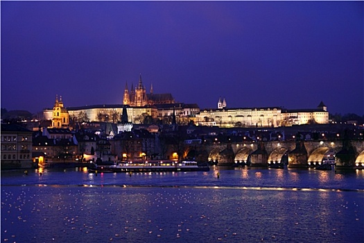 华美,布拉格城堡,夜晚,河,伏尔塔瓦河