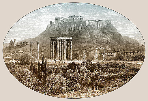 历史,朱庇特神庙,脚,雅典卫城,雅典,希腊,欧洲,19世纪