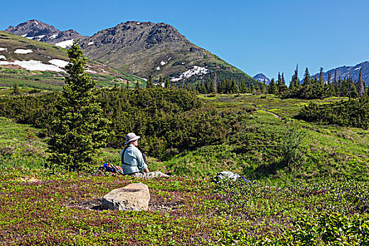 男性,远足,坐,山脊,享受,风景,楚加奇州立公园,阿拉斯加,美国