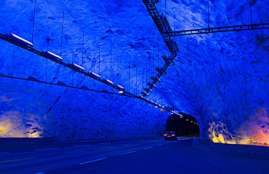 挪威,隧道,世界,英里,长,蓝色,涂绘,交通,定时暴光