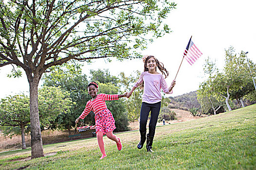 孩子,玩,美国国旗,公园