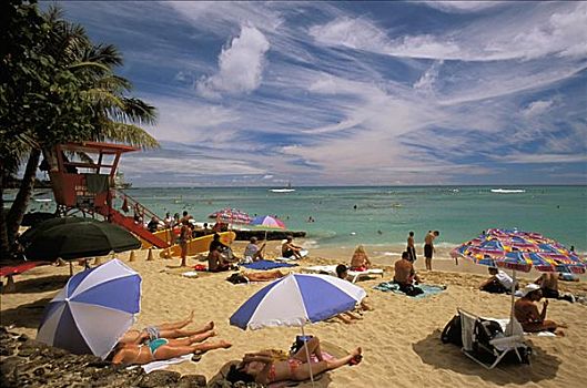 夏威夷,怀基基海滩,拥挤,游客,晴天