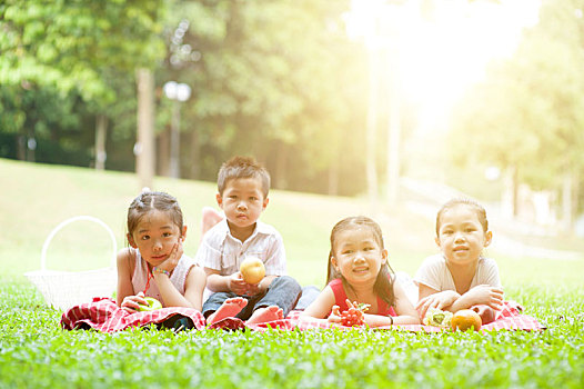 高兴,亚洲人,孩子,野餐,户外