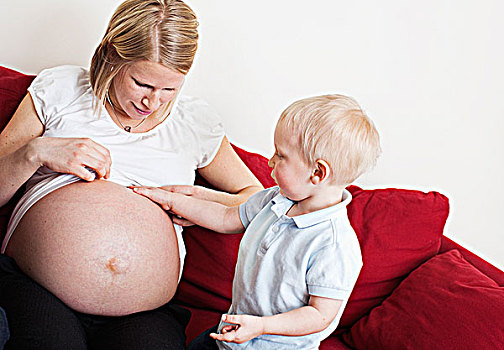男孩,接触,怀孕,母亲,肚子,沙发