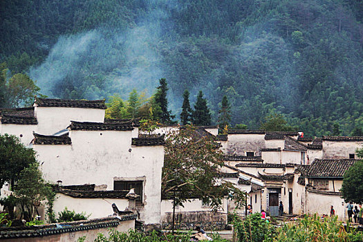 炊烟袅袅,古村落,徽派建筑