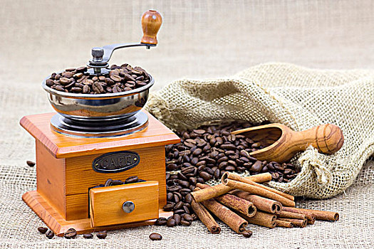 肉桂棒,咖啡豆,咖啡研磨机