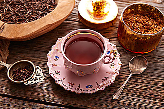 茶,粉色,旧式,杯子,木桌子,木板