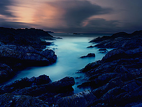 海洋,小湾,黄昏,黑色,石头