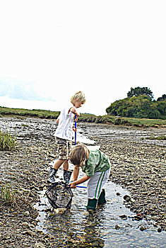 两个男孩,钓鱼,网,河流