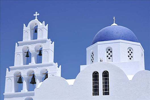 蓝色,白色,希腊,球形,教堂,钟楼,锡拉岛,基克拉迪群岛,欧洲
