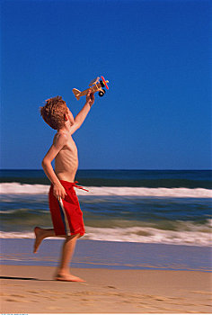 男孩,泳衣,飞机模型,冲浪者天堂,澳大利亚