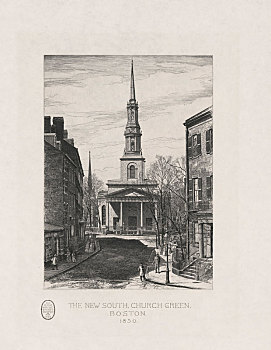 新,南,教堂,绿色,波士顿,蚀刻,社会,1898年