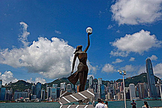 雕塑,奖,中心,天际线,背景,香港