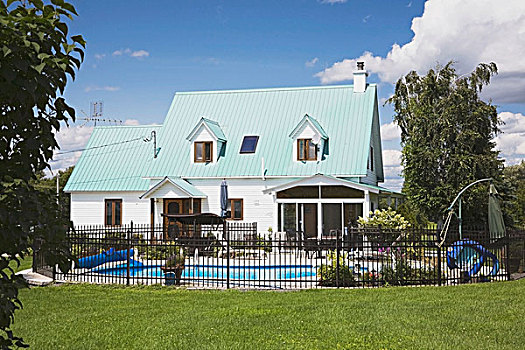 魁北克,加拿大,后视图,两个,层,风格,住宅,家,风景,后院,游泳池